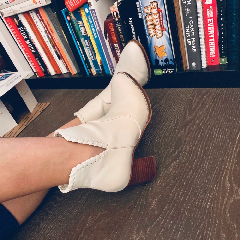 UO White Booties (Wooden Heel/Threaded Detail)